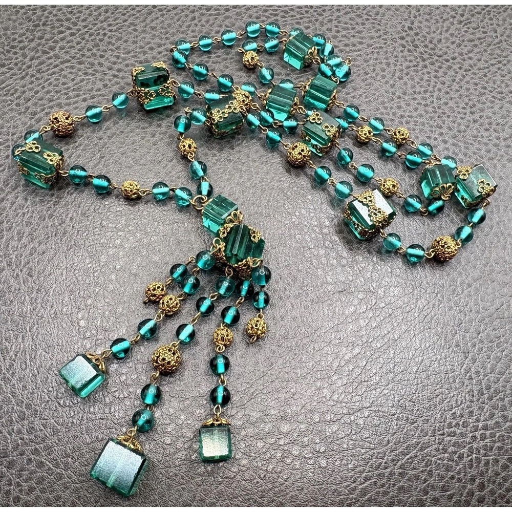 VTG Czech Deco Teal Cube Glass Bead Necklace Brass Filigree Tassel Sautoir 32"